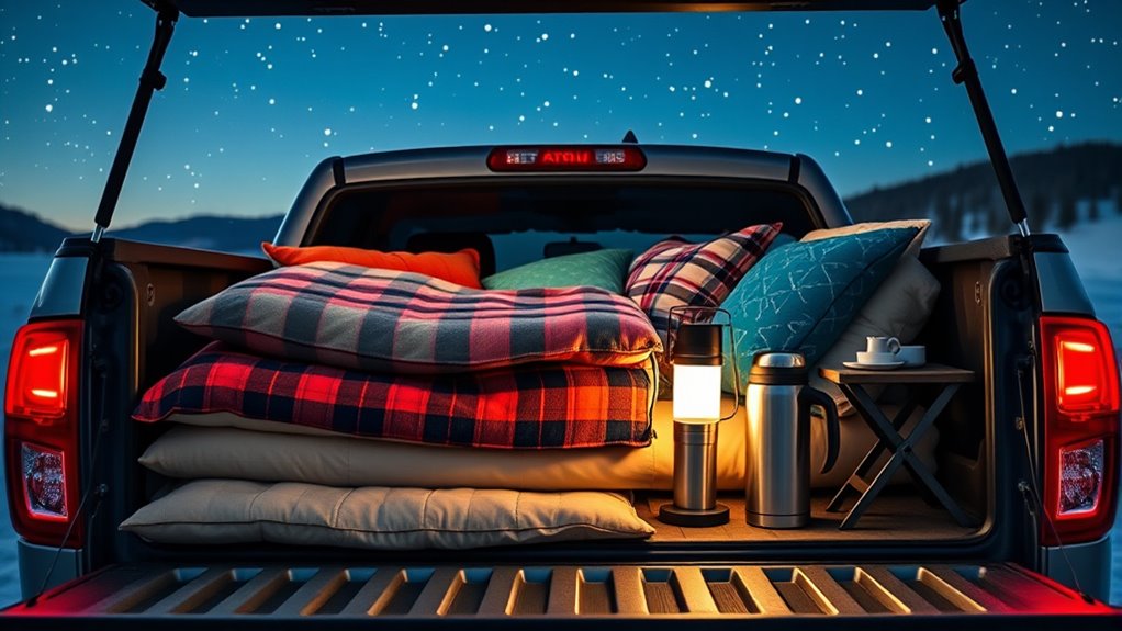 comfortable truck bed sleeping setup