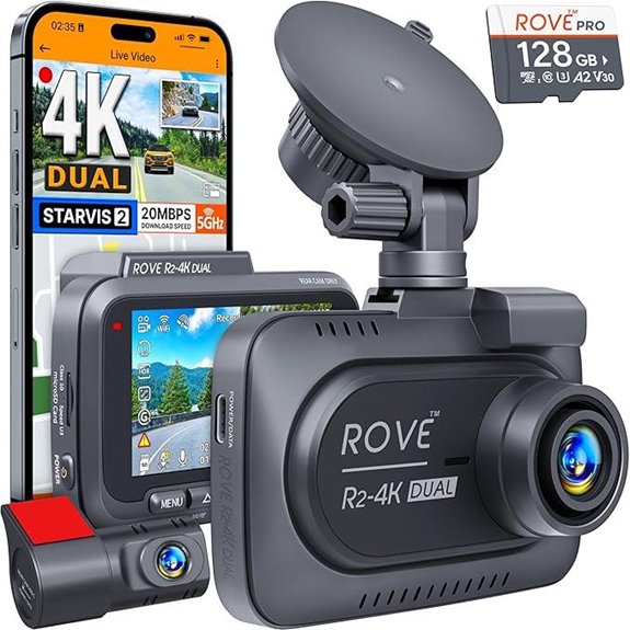 ROVE Dual 4K Dash Cam with 128GB & WiFi