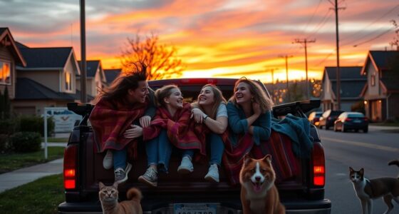 friends enjoy riding in bed