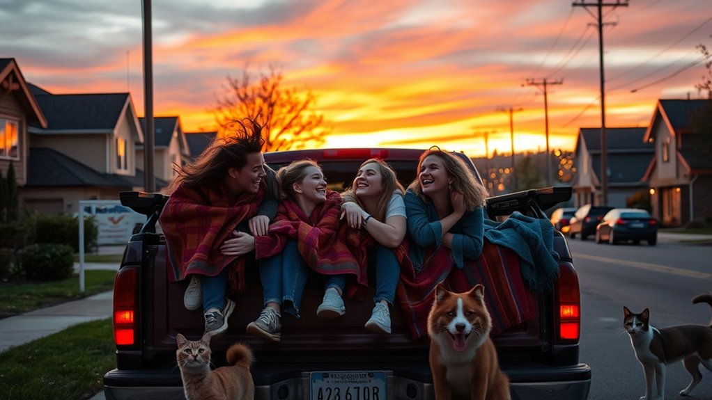 friends enjoy riding in bed