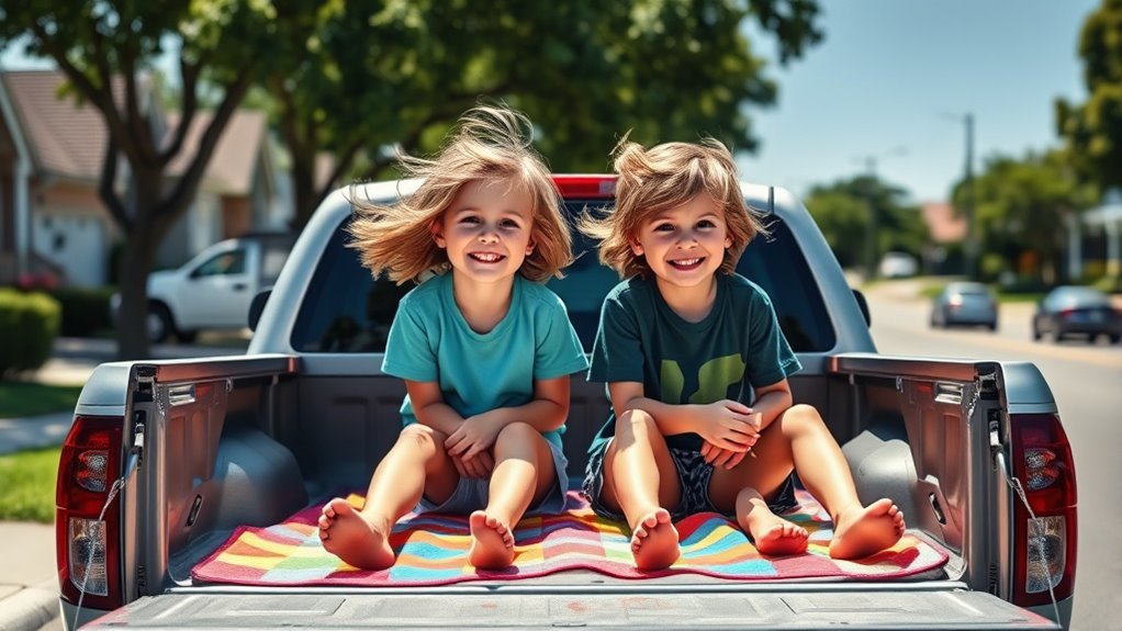 kids riding in truck beds