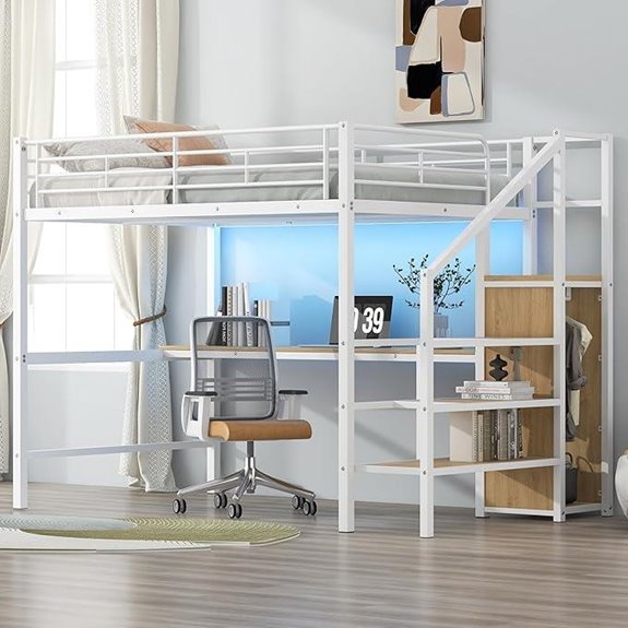 Metal Loft Bed with Desk Wardrobe & LED Light