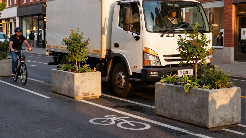 “Disaster” As Lorry Driver Gets Stuck In Cycle Lane Planters… On First Day Of New ‘Rain Garden’